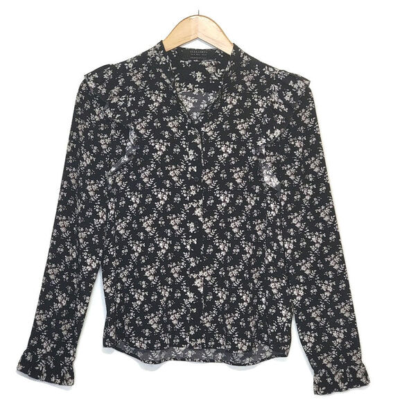 ALLSAINTS Floral Silk Ruffle Long Sleeve Button Down Blouse Shirt Size 2 - Picture 2 of 16